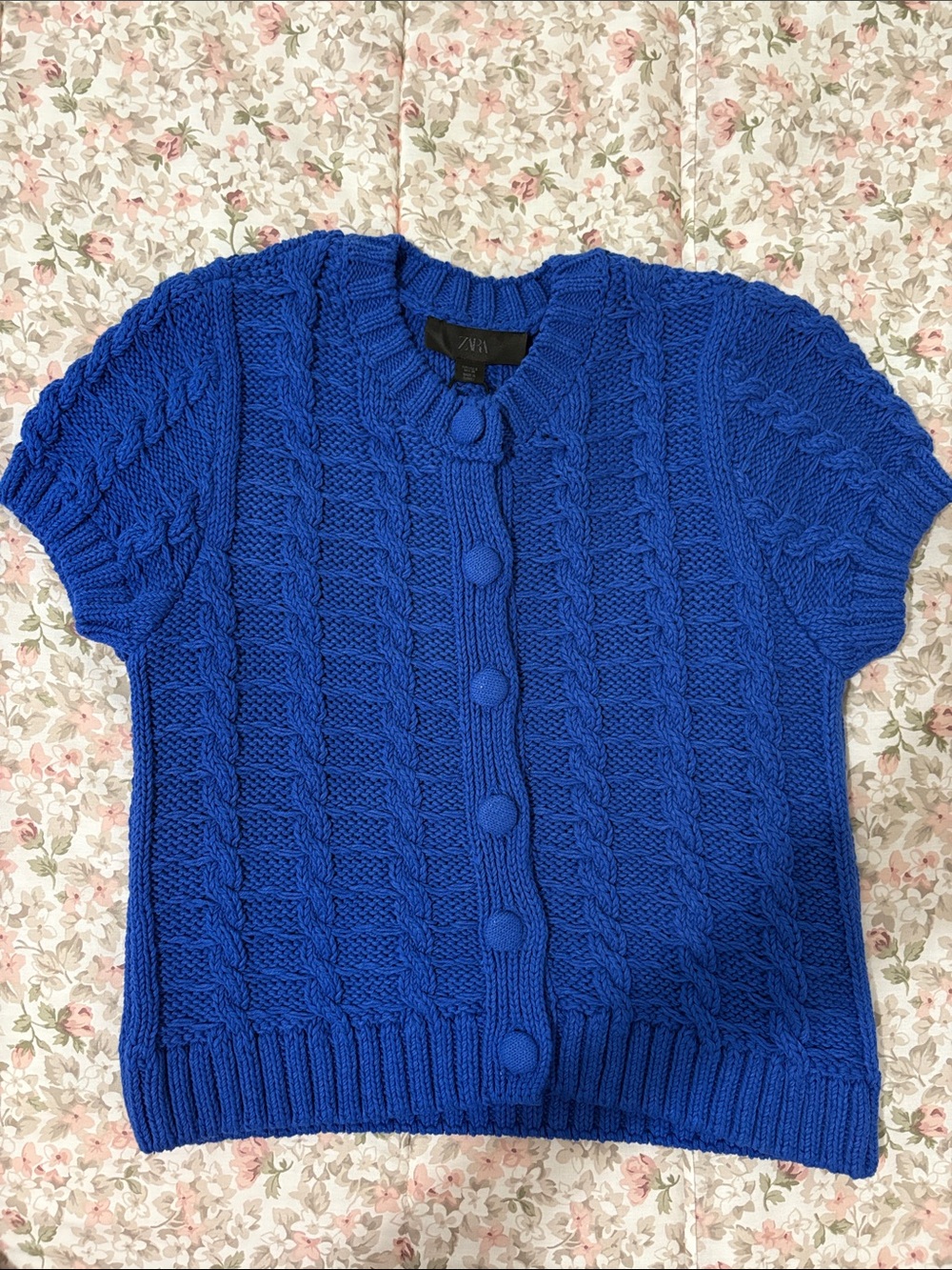 Zara Blue Short-Sleeve Cable Knit Cardigan